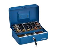 Relaxdays Caja Dinero, con Cierre, Contador de Monedas, Acero, Portátil, Cambio y Billetes, 9 x 25 x 18 cm, Azul