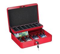 Relaxdays Caja dinero con bandeja monedas de euro rojo,plata