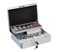 Relaxdays Caja Dinero con Llave, Bandeja Monedas y 4 Espacios Billetes, Cajita Hierro, 8,5x30,5x24,5 cm, Plateado