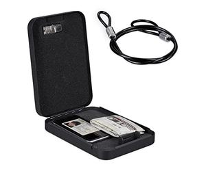 Relaxdays Caja Fuerte Portátil Seguridad, Cerradura Combinación, Coche o Viaje, Acero, con Cable, 5,5x17x25 cm, Negro