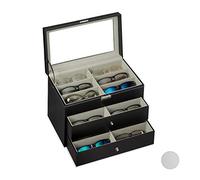 Relaxdays Caja Gafas con 18 Compartimentos, Organizador, 1 Ud., Cuero Sintético-Cristal, 22,5 x 33,5 x 19 cm, Negro