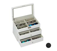 Relaxdays Caja Gafas con 18 Compartimentos, Organizador, 1 Ud., Cuero Sintético-Cristal, 22,5 x 33,5 x 19 cm, Blanco