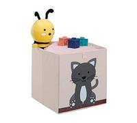 Relaxdays Caja Infantil Almacenaje Gato, Forro Tela, Adorno Habitación Niños, Ropa, Juguetes, 33x33x33cm, Beige/Gris