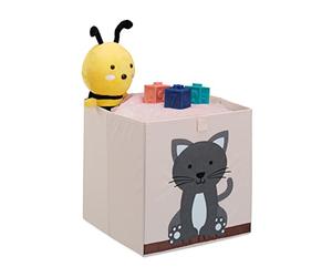 Relaxdays Caja Infantil Almacenaje Gato, Forro Tela, Adorno Habitación Niños, Ropa, Juguetes, 33x33x33cm, Beige/Gris