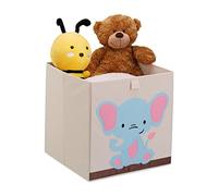 Relaxdays Caja Infantil Almacenar Juguetes Diseño Elefante, Cesta Plegable, para Cuarto Niños 33x33x33 cm, Beige/Azul