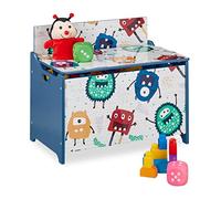 Relaxdays Caja Juguetes Diseño Monstruos, Baúl Infantil Almacenaje con Tapa, Arcón Niños, 50x60x36,5cm, MDF, Azul/Blanco