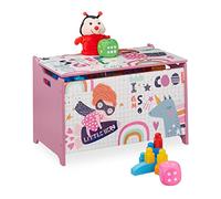 Relaxdays Caja Juguetes, Diseño Superheroína, Baúl Infantil con Tapa, Arcón Niñas, 39x60x36,5 cm, MDF, Blanco y Rosado