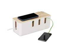 Relaxdays Caja Organizadora de Cables Grande, para Regleta de Enchufes, Plástico y Madera, 11,5 x 30 x 12,5 cm, Blanco