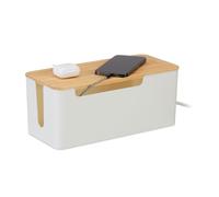 Relaxdays Caja Organizadora de Cables para 2 Regletas, Tapa Bambú, Plástico, 13x31x14 cm, Escondecables, Blanco/Natural