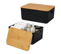 Relaxdays Caja organizadora Set de 2 con Tapa, plástico y bambú, Asas, 16x36x25 cm, Negro
