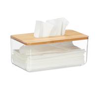 Relaxdays Caja Pañuelos, Plástico y Bambú, Portapañuelos, Dispensador Toallitas, 10 x 23,5 x 13 cm, Transparente/Natural