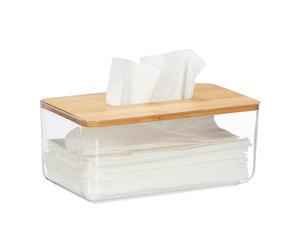 Relaxdays Caja Pañuelos, Plástico y Bambú, Portapañuelos, Dispensador Toallitas, 10 x 23,5 x 13 cm, Transparente/Natural