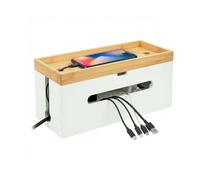 Relaxdays Caja para Cables bambú, 16x34x13,5 cm, para regleta 6 Tomas, Organizador con Tapa y Bridas, Natural/Blanco