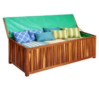 Relaxdays, caja para jardín, cojín para asiento, herramientas, 60x115x50 cm, madera de acacia, forro impermeable, ideal para balcón, caja de jardín, estilo natural