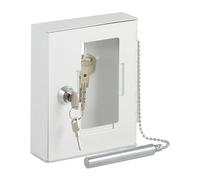 Relaxdays Caja para Llave de Emergencia, Cajetín con Ventana de Cristal y Martillo, Cerradura, Portallave Metal, Blanco