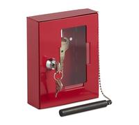 Relaxdays Caja para Llave de Emergencia, Cajetín con Ventana de Vidrio y Rompecristales, Cerradura, Cajita Metal, Rojo