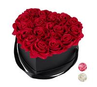 Relaxdays Caja Rosas Artificiales Corazón, 18 Flores, Cajita Negra, Duran hasta 10 Años, Idea Regalo, Decorativa, Rojo