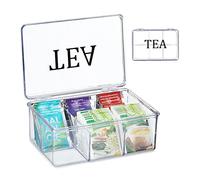 Relaxdays Caja Té, Plástico, 6 Compartimentos, 9 x 21,5 x 15 cm, Cajita Organizadora Bolsas Infusiones, Transparente