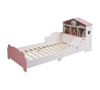 Relaxdays Cama Infantil 70x140 cm, casa-estantería, Protector anticaídas, diseño Ositos, Blanco/Rosa, 65x75x161 cm