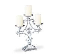 Relaxdays Candelabro Antiguo 3 Brazos, Soporte Porta Velas Vintage, Hierro Fundido, 28,5 x 23 x 7,5 cm, Plateado