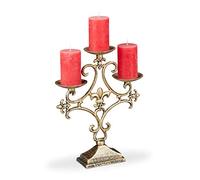 Relaxdays Candelabro Antiguo 3 Brazos, Soporte Porta Velas Vintage, Hierro Fundido, 28,5 x 23 x 7,5 cm, Dorado