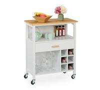 Relaxdays Carrito Auxiliar de Cocina, Botellero, para 6 Botellas, Cajón, 2 Espacios, 80x65x35 cm, Bambú, Blanco/Natural