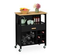 Relaxdays Carrito Auxiliar de Cocina, Botellero, para 6 Botellas, Cajón, 2 Espacios, 80x65x35 cm, Bambú, Negro/Natural