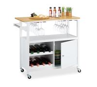 Relaxdays Carrito Auxiliar de Cocina, Botellero, Portacopas, con Puerta, Toallero, 83x92x40 cm, Bambú, Blanco/Natural
