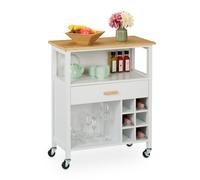 Relaxdays Carrito auxiliar de cocina con botellero blanco,marrón claro