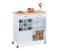 Relaxdays Carrito auxiliar de cocina con botellero blanco,marrón claro