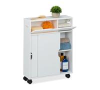 Relaxdays Carrito Auxiliar Estrecho, Puertas Correderas, 67 x 17 x 52 cm, Carro Baño y Cocina, con Mango, MDF, Blanco