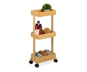 Relaxdays Carrito Baño, Bambú, 3 Niveles, 71,5 x 31 x 18 cm, 4 Ruedas, Aseo, Cocina, Carro Auxiliar Estrecho, Natural