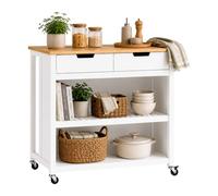 Relaxdays Carrito Cocina, encimera, 2 cajones, 2 compart., Blanco/Natural | Asiento, (Al x An x Fon) 94 x 100 x 60 cm, carrito para mesa