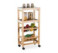 Relaxdays Carrito de Cocina, 4 Niveles, Carro Camarera Estrecho, 83 x 22 x 40 cm, Bambú, con Ruedas, Natural y Blanco