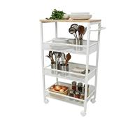 Relaxdays Carrito de estantería Estrecha 4 Niveles, Metal con Ruedas, 77x22x45 cm, Natural/Blanco