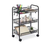 Relaxdays Carro 3 Estantes de Rejilla, Carrito de Servicio para Cocina, Baño y Oficina, 63x44,5x26 cm, Metal, Negro