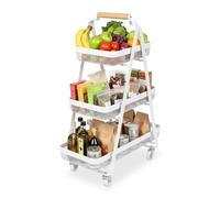 Relaxdays Carro, 3 Niveles, Metal, asa de Madera, 84,5 x 57 x 31 cm, 4 Ruedas, Cocina, baño, Carrito, Blanco