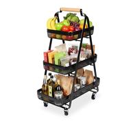 Relaxdays Carro, 3 Niveles, Metal, asa de Madera, 84,5 x 57 x 31 cm, 4 Ruedas, Cocina, baño, Carrito, Negro