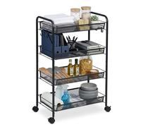 Relaxdays Carro 4 Estantes de Malla, Carrito Servicio para Cocina, Baño y Oficina, 84 x 44,5 x 26 cm, Metal, Negro