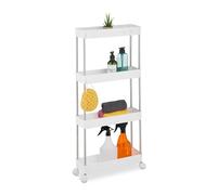 Relaxdays Carro Auxiliar Estrecho, 4 Niveles, Ruedas, Cocina, Baño, 88x41,5x14,5 cm, Plástico, Acero Inoxidable, Blanco