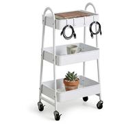 Relaxdays Carro con 2 Asas, 3 estantes y Ganchos, Ruedas con Freno, Blanco