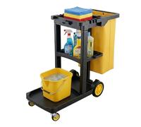 Relaxdays carro de limpieza 3 estantes con bolsa y soporte para escoba hasta 50 kg 96x112x51 cm negro-amarillo