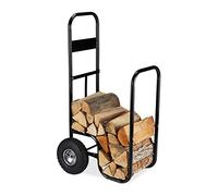 Relaxdays Carro Leña con Ruedas, Carrito Leñero, Portaleños Acero, hasta 60kg, para Transportar y Almacenar Leños, Negro
