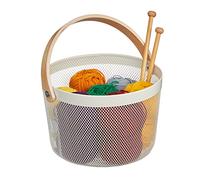 Relaxdays Cesta de Almacenaje Acero con Asa, Redonda, Caja Organizadora de Metal y Madera, Cocina, Baño, Salón, Blanco