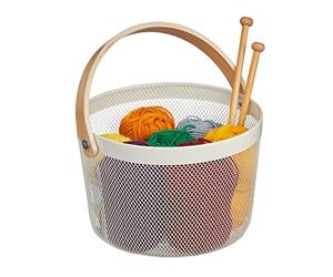 Relaxdays Cesta de Almacenaje Acero con Asa, Redonda, Caja Organizadora de Metal y Madera, Cocina, Baño, Salón, Blanco