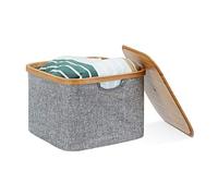 Relaxdays Cesta de Almacenaje Con Tapa, Bambú-Tela, Gris-Beige, 25 x 33 x 33 cm