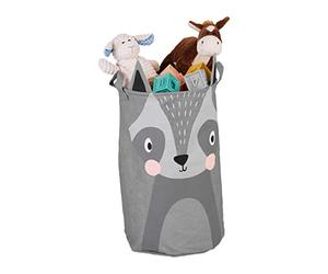 Relaxdays Cesta de Almacenaje para Niños, Diseño Mapache, Plegable, 55 x 33 cm, Canasto de Juguetes con Asas, Gris