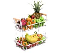 Relaxdays Cesta de frutas metálica de 2 pisos blanco,marrón claro