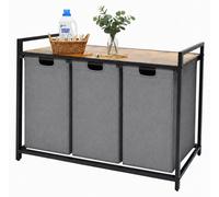 Relaxdays, cesta de ropa con 3 bolsas para ropa, 150 litros, diseño de madera, estante, dimensiones: 73,5 x 109,5 x 33 cm, color gris/natural