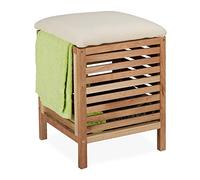 Relaxdays Cesta de Ropa Sucia con Asiento, Taburete Baño con Almacenaje, Madera de Nogal, 35 L, 51 x 39 x 39 cm, Natural